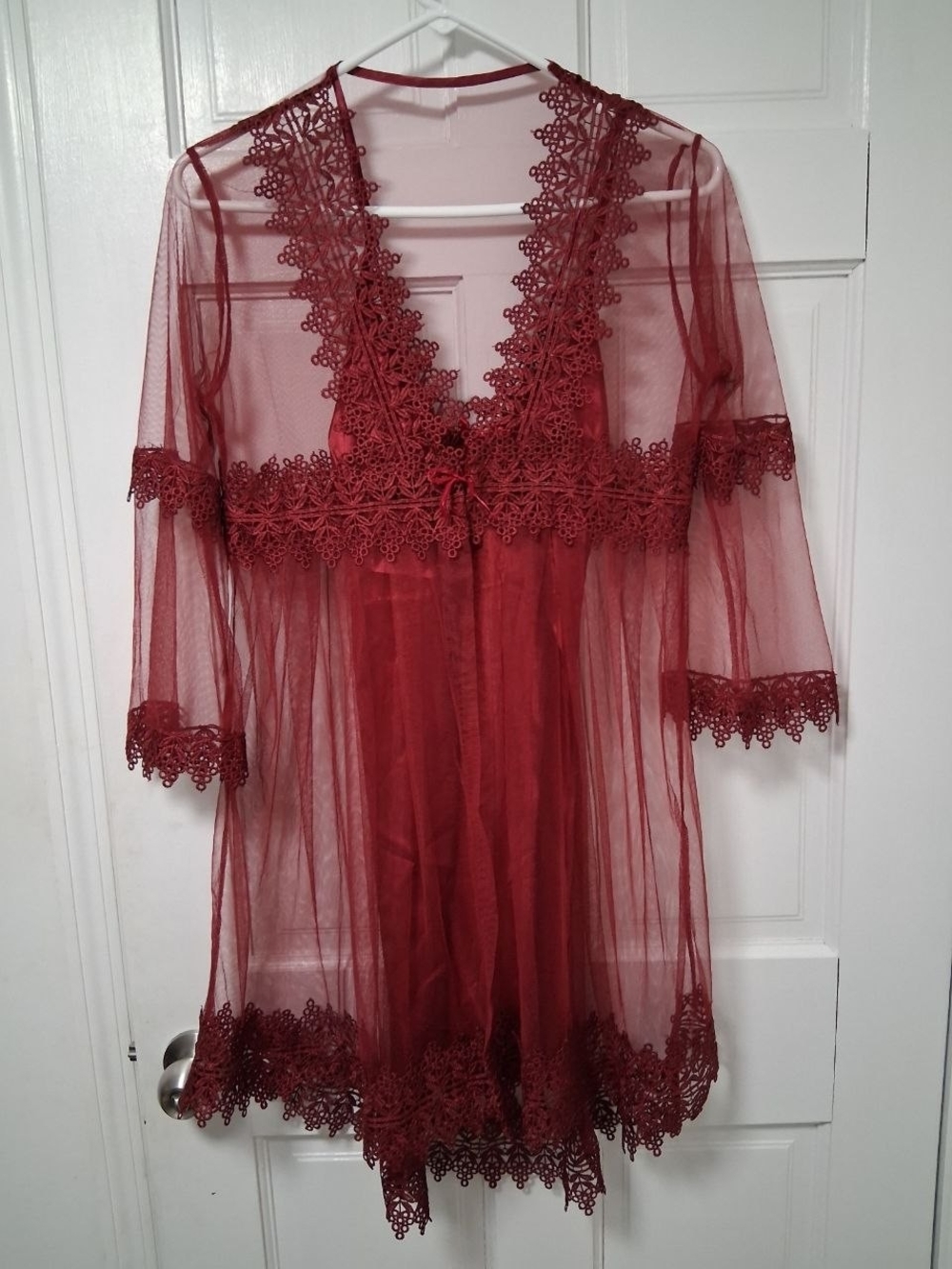 Sheer Lace Trim Burgundy Robe - Women's Intimates